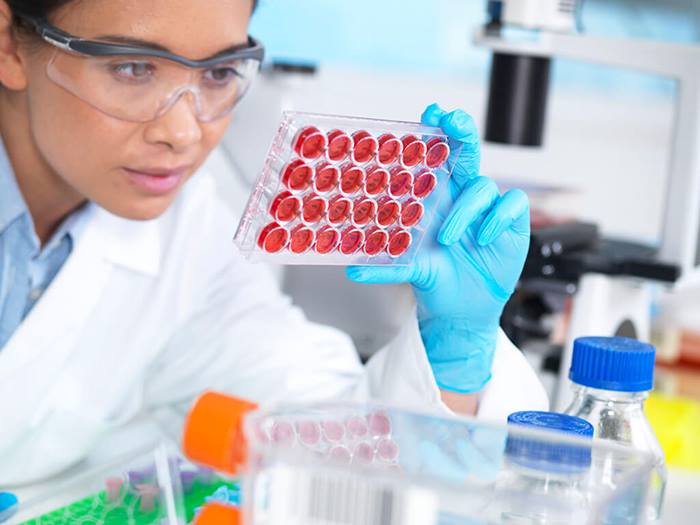 female scientist with multiwell plate