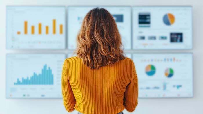 woman observes multiple data analysis screens