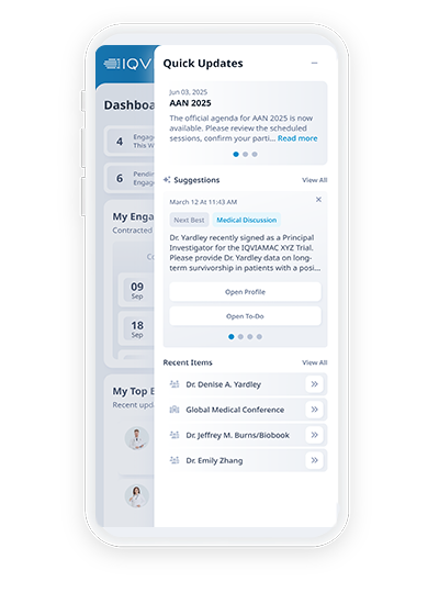 Mobile screenshot showing AI driven insights recommending next best scientific actions for KOLs.