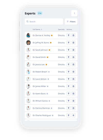 Mobile screenshot showing advanced filters to pinpoint key experts and target top KOLs.